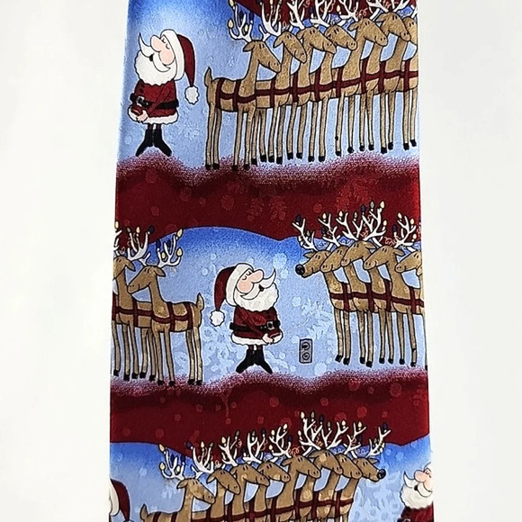 Jingle Bells Men’s  Novelty Fun Christmas Tie Santa Reindeers Blue Red 100% Silk - Picture 3 of 8